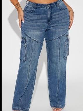 Fashion Nova Blue Wide-Leg Cargo Jeans